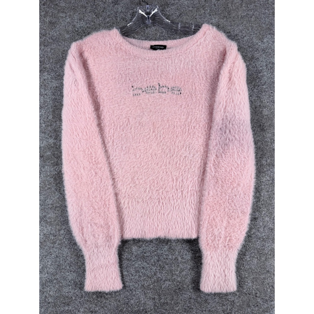 Bebe Women Medium Sweater Pink Fuzzy Rhinestone Logo Long Sleeve Pullover 2864
